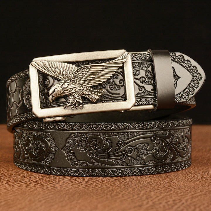 Artisan Carved Cow Leather Belt with Metal Eagle Buckle for Men